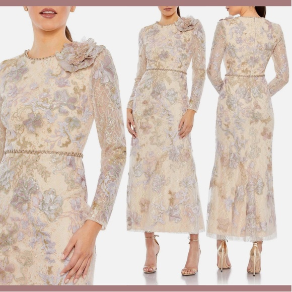 NWT‎ $798 Mac Duggal [ 16 ] Embellished High Neck Long Sleeve Midi Dress Nude - Picture 1 of 16